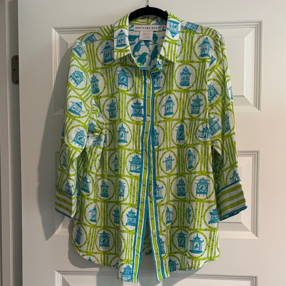 Gretchen Scott Designs Blue and Green Blouse GODDESS size